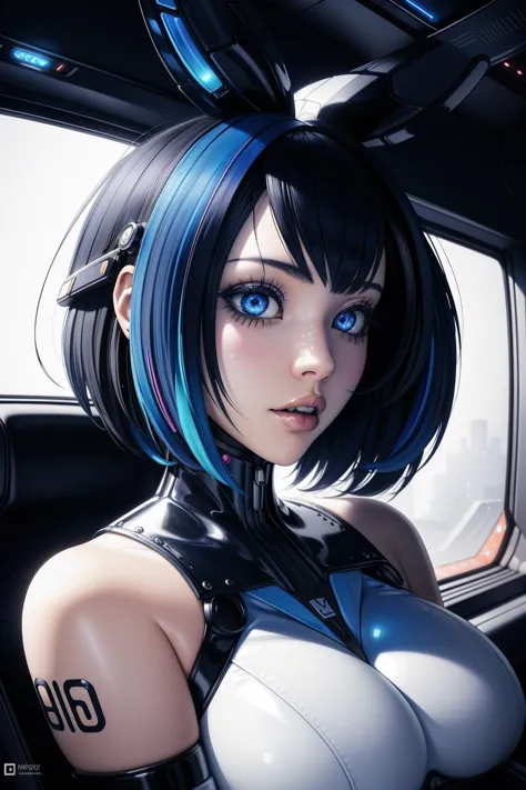 a woman with blue hair and a black top in a car