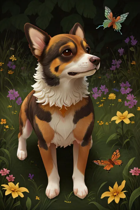 artkatyaihstyle, cute dog, looking at a butterfly, grass, nature,