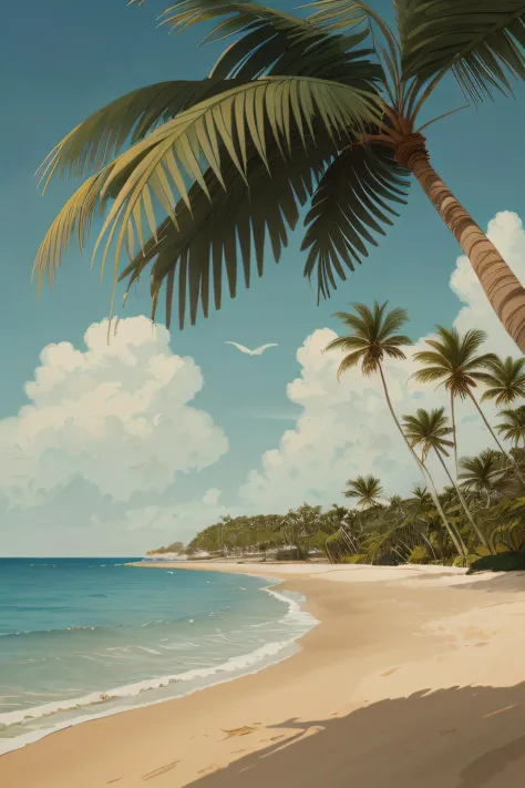 painting of a beach with palm trees and a blue ocean