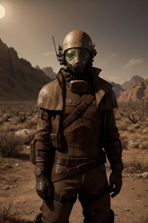 a man in a gas mask standing in a desert area