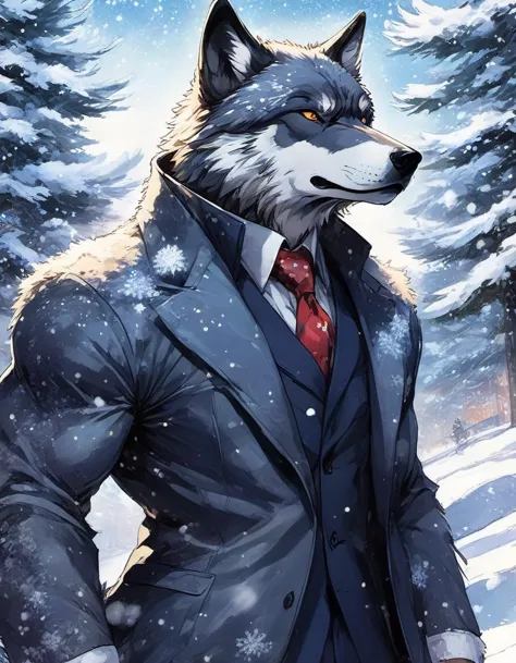 there is a wolf in a suit and tie standing in the snow