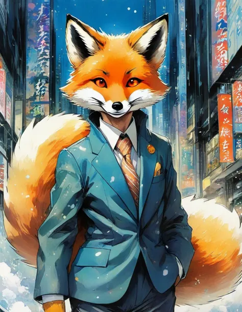 a close up of a person in a suit and tie with a fox