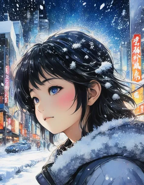 anime girl in winter scene with snow falling down