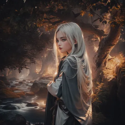 a woman with long blonde hair standing in front of a river