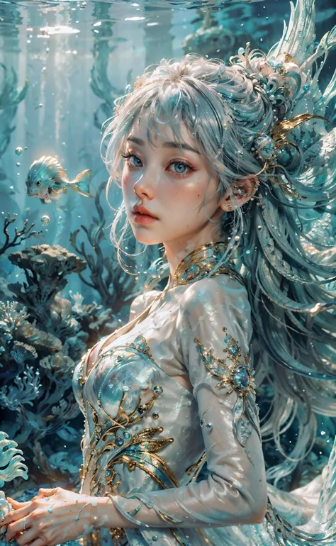 <lora:A_phoenixdressV.2:0.7> , ((masterpiece)), (best quality:1.4), absurdres, [:intricate details:0.2], 1girl, 18 years old, small breast, wearing white dress, Flowing robes, detailed dress ornament, flowing hair, glowing hair, hair ornament, light on face, intricate magical circles, glowing runes, shimmering aura, intense focus, arcane incantations, crackling energy, levitating artifacts, ethereal staff, swirling mist, sparkling motes, mystical crystals, glowing sigils, intricate hand movements, otherworldly chanting, mysterious symbols, powerful invocation, transcendent awareness, phoenix dress, (underwater:1.8), (white dress, Iridescent rainbow hair:1.55), (((water bubbles, colorful fish, beautiful coral life))), (detailed fabric, detailed ornament:1.4), fantasy, Haircut model by Blunt haircut, possed is Walking pose, sharp teal, shooting angle is Bird's-eye view, time is Key Light,
BREAK
hyper realistic, intricate design, insanely detailed, extremely fine details, Extremely sharp lines, cinematic lighting, Photo realistic, a detailed painting by Esao Andrews and Anton Fadeev, Raw photo, high detailed, 8k, UHD, dslr, softlighting, HDR, warm light, high quality, film grain, fujifilm XT3, photorealistic, masterpiece, best quality, hyper-detailed, 8K, warm lighting, soft lighting, masterpiece, best quality, detailed, highest quality, ultra detailed, highres, cinematic light, splendid and colorful, out of focus, RAW photograph, art portrait, absurdres, high contrast, colorful, highest details,