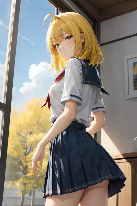 ray tracing, masterpiece, best quality, 1girl, small breasts, school uniform, from behind, yellow hair, (medium hair:1.2), ahoge, green eyes, pleated skirt, empty eyes, emotionless, looking at viewer, windows, blue sky, sunny, school class, cold attitude, portrait, half-closed eyes, trees
