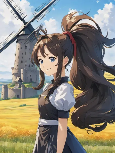 solo, masterpiece, best quality, perfect face, ((anime screencap)), beautiful european girl, mega ponytail, (big hair), smiling,...