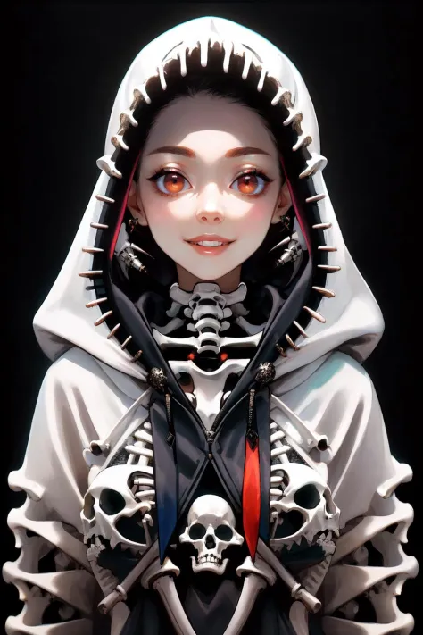 ((Masterpiece, best quality,edgQuality)),smile--, hoodie,edgBones, a woman in a hoodie made of bones ,wearing edgBones
 <lora:edgBoneHoodies:1>