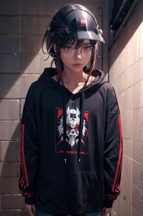 hoodie, edgBerserker, wearing edgBerserker_([Rüstung|hoodie]::0.5), Helm, shoulder Rüstung, rote augen glühen,  (LilyPichuTI:0.9), Gläser,, ultra ausführlich, Meisterwerk, beste Qualität, ästhetisch, ausführlich,