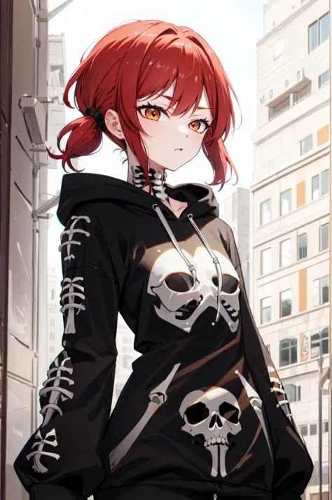 anime girl with red hair and a hoodie with skulls on it