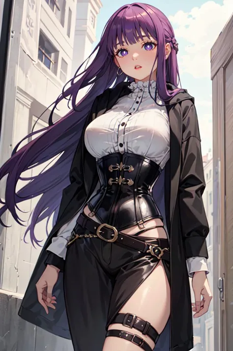 anime girl with purple hair and black outfit walking down a street