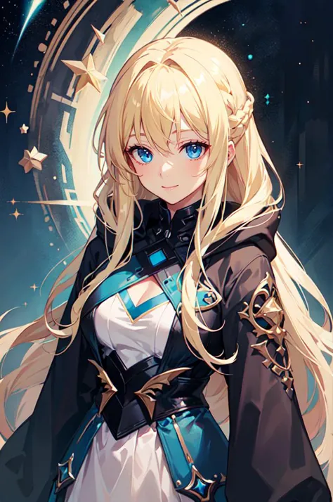 <lora:edgFantasyHoodies:0.8> edgFD, hoodie, fantasy_dress, edgFD_hoodie, cosmic hoodie, wearing edgFD_hoodie, blue theme,, ultra detailed, masterpiece, best quality, aesthetic, detailed,, solo, soft smile, light smile,
1girl, blue eyes, very long hair, blonde hair, long blonde hair, french braid, bangs, medium breasts,