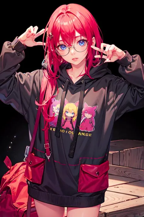 anime girl with red hair and glasses posing for a picture