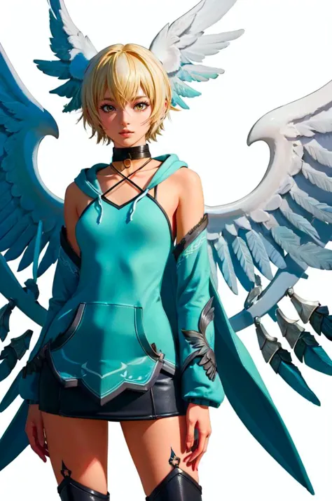 a close up of a woman in a short skirt and a blue shirt with wings