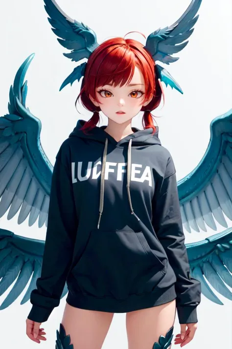 a woman with red hair and a black hoodie with wings