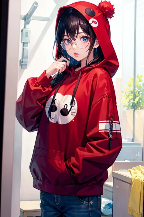 <lora:edgLittleRedHoodie:0.8> RHG, wearing RHG_hoodie, hood up, layered clothes, cowboy shot, oversized clothes, pocket,  red hoodie,  <lora:LIP:0.8> (LilyPichuTI:0.9), glasses,, ultra detailed, masterpiece, best quality, aesthetic, detailed,