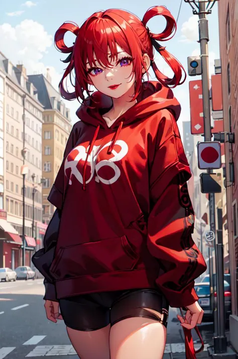 anime girl with red hair and red hoodie walking down the street