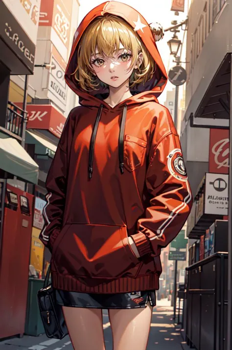 anime girl in a hoodie standing on a city street