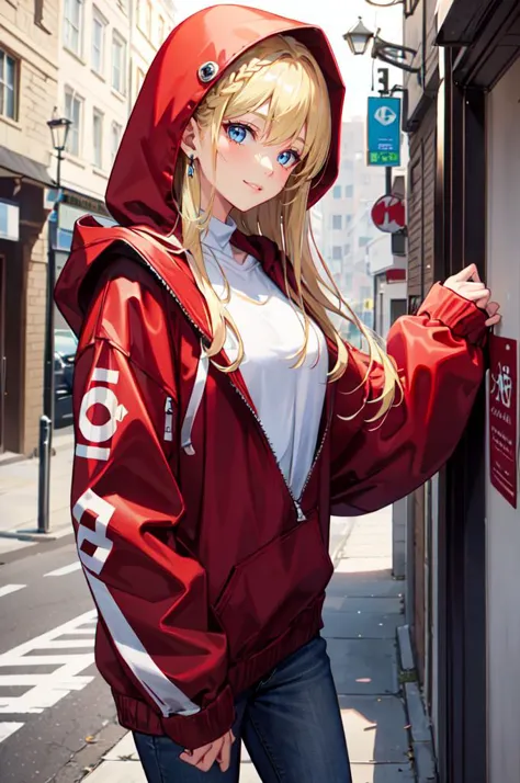 <lora:edgLittleRedHoodie:0.8> RHG, wearing RHG_hoodie, hood up, layered clothes, cowboy shot, oversized clothes, pocket,  red ho...