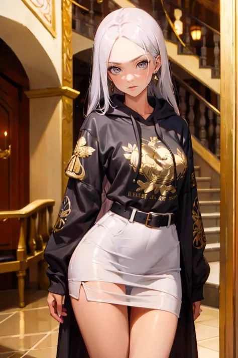 <lora:edgNoireHoodies:0.8> edgNoire, hoodie,  ([black dress, short skirt|hoodie]::0.5), a woman in a sheer see through ([black dress, short skirt|hoodie]::0.5), ,wearing edgNoire _(hoodie,leather belt, golden embroidery:1.2),, absurdres, ultra detailed, masterpiece, best quality, aesthetic, detailed,, serious, 1girl, (white eyes:1.1), (grey eyes:1.3), white hair, very long hair, parted hair, parted bangs, <lora:parted_hair_v1.3:1.3>, medium breasts,