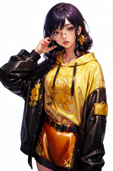 anime girl in a yellow shirt and black jacket talking on a cell phone