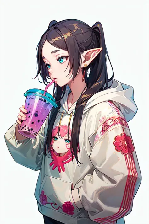 <lora:DudouHoodies:0.8> (dudou,dudou_embroidery:1.3), ([hoodie|dudou]::0.5), (hoodie:1.2),   cup, drinking straw, bubble tea,  <...