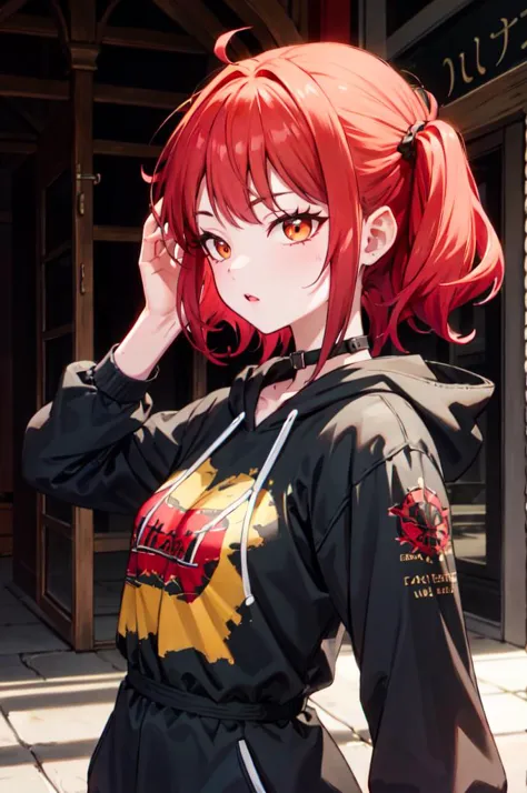 anime girl with red hair and black hoodie standing in front of a store