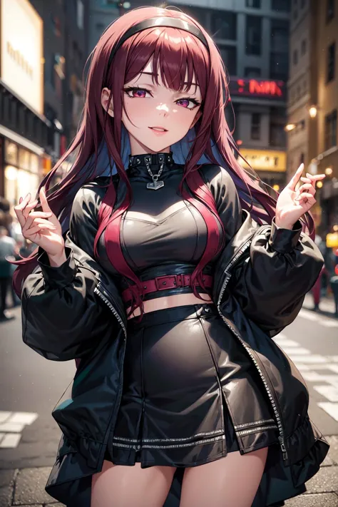 anime girl in a black outfit posing on a city street