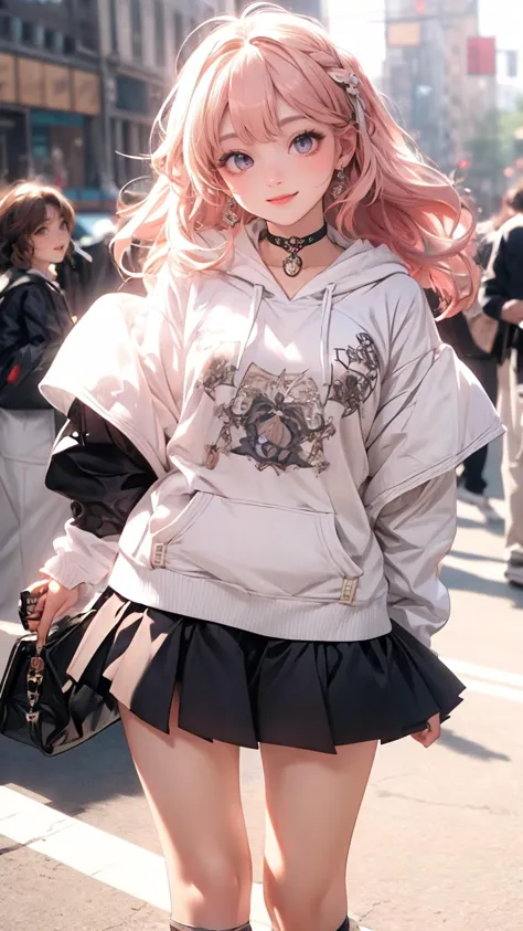 araffe girl with pink hair and a hoodie walking down a street