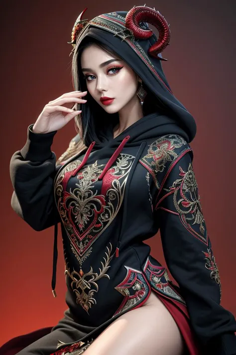 ((chef-d&#39;œuvre, Meilleure qualité,qualité des bords))
((sweatshirt à capuche)),mode edgJG, une femme dans un ((robe de créateur)),écailles de dragon rouge ,porter du edgJG_vêtements de style  