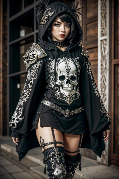 (masterpiece, best quality),  intricate details,
1girl,  necromancer, black robe, black dress, hood, 
<lora:sk3ll3t0n3(Civit):0.5> in the style of sk3ll3t0n,  black hair, red eyes, hip cut out, thigh high boots, pale leg, skulls, rings, bones,   <lora:ValkHoodie:0.8> hoodie, [woman|walkure], [walkure_armor, |hoodie],