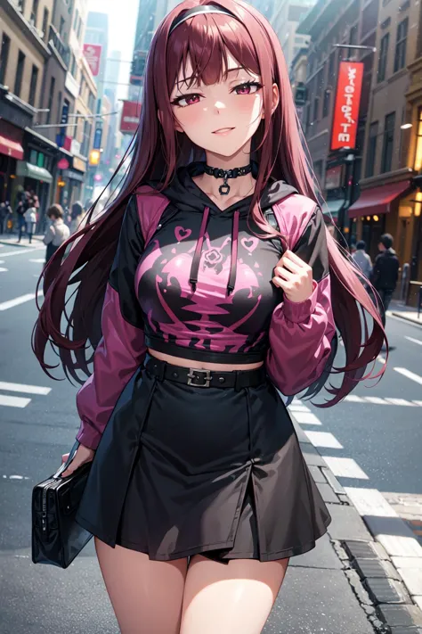 anime girl in a black and pink outfit walking down a street