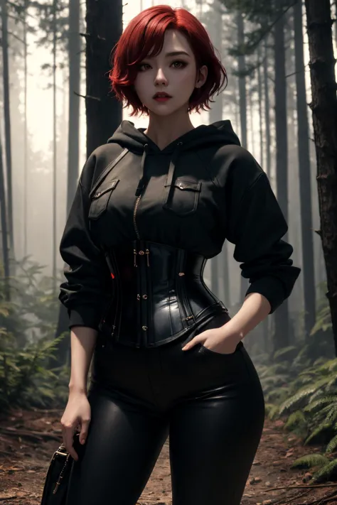 a woman in a black outfit standing in a forest