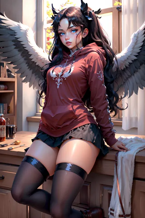 Highly detailed, High Quality, Masterpiece, beautiful, hoodie, wearing [walkure_armor, viking|hoodie], WINGS, viking, hoodie, [woman|walkure], <lora:Outfit_HoodiesValkyrie:0.9>, tohsaka rin, solo, long hair, thighhighs, blue eyes, black thighhighs, black hair, <lora:Char_Fate_TohsakaRinFate:0.8>, (detailed face and eyes:1.3)