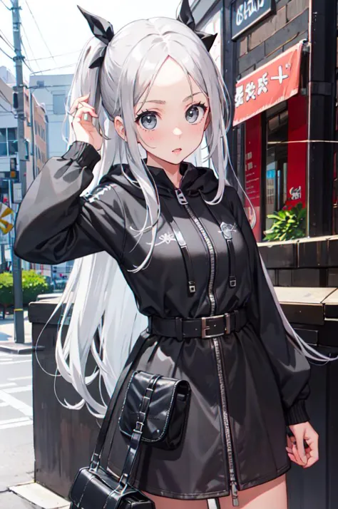 anime girl in black outfit posing on street corner with hand on head