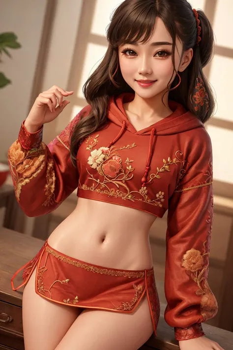 Masterpiece, absurdres, fine detail, HDR,
(dudou,dudou_embroidery:1.25),  woman wearing the [dudou|hoodie]
hoodie, a womanposing for a picture, smiling ,  chinese style,multicolor,
 <lora:DudouHoodies:0.78>