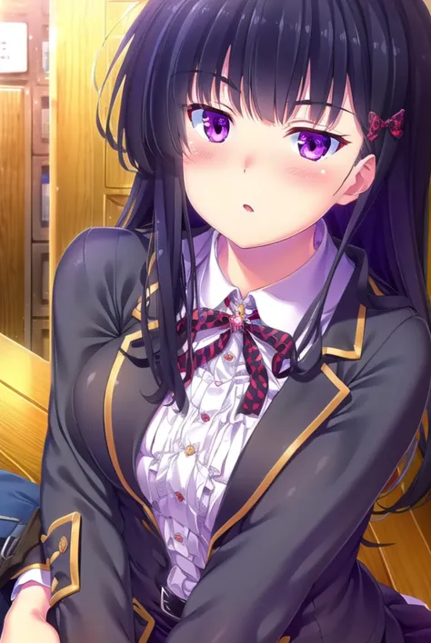 zakuronanase, <lyco:zakuronanase-lyco-nochekaiser:1>,
zakuro nanase, long hair, black hair, hair ornament, (purple eyes:1.1), hair bow, bangs, blunt bangs,
BREAK shirt, school uniform, white shirt, frills, red bow, plaid, center frills, plaid bow,
BREAK indoors, classroom,
BREAK looking at viewer, (cowboy shot:1.5),
BREAK <lyco:GoodHands-beta2:1>, (masterpiece:1.2), best quality, high resolution, unity 8k wallpaper, (illustration:0.8), (beautiful detailed eyes:1.6), extremely detailed face, perfect lighting, extremely detailed CG, (perfect hands, perfect anatomy),