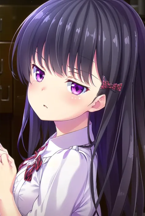 zakuronanase, <lyco:zakuronanase-lyco-nochekaiser:1>,
zakuro nanase, long hair, black hair, hair ornament, (purple eyes:1.1), hair bow, bangs, blunt bangs,
BREAK shirt, school uniform, white shirt, frills, red bow, plaid, center frills, plaid bow,
BREAK indoors, classroom,
BREAK looking at viewer, (cowboy shot:1.5),
BREAK <lyco:GoodHands-beta2:1>, (masterpiece:1.2), best quality, high resolution, unity 8k wallpaper, (illustration:0.8), (beautiful detailed eyes:1.6), extremely detailed face, perfect lighting, extremely detailed CG, (perfect hands, perfect anatomy),