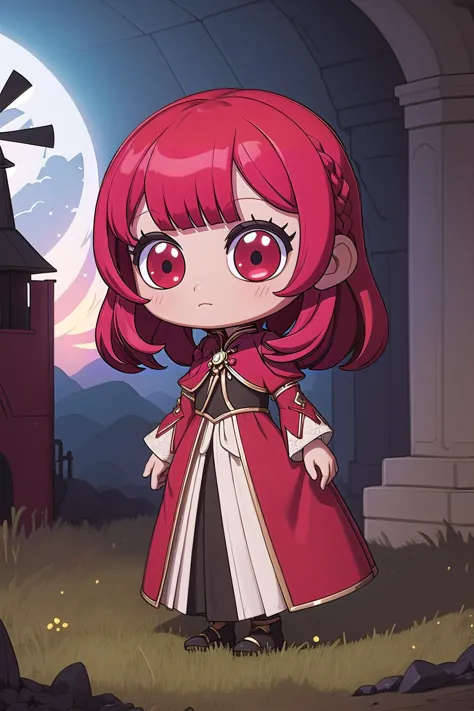 a cartoon girl in a red cape standing in front of a castle