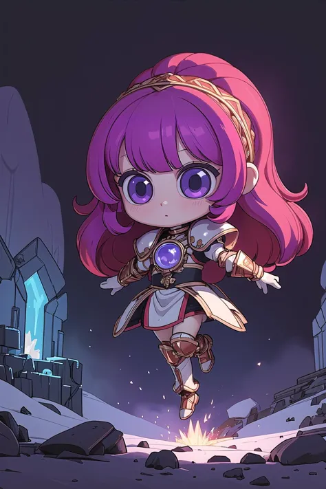 a cartoon girl with pink hair and purple eyes is flying through the air