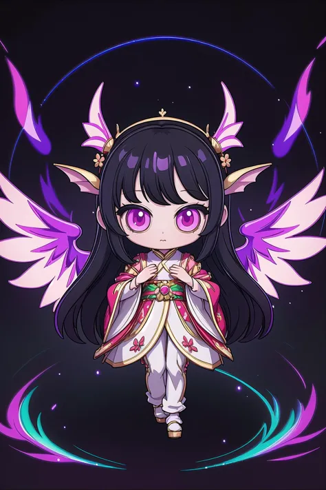 (masterpiece, best_quality, ultra-detailed, immaculate:1.3), epic, illustration, 1girl, (stirring Wonderland:1.3) cute succubus, wings, full body, [:intricate costume design,:0.2], official art, chinese, dramatic vivid rainbow lighting from above, on a  Kyoto street, bombshell hair, black hair, Choppy Layers,low-tied long hair, t-pose<lyco:EnvyCuteMix17:1>