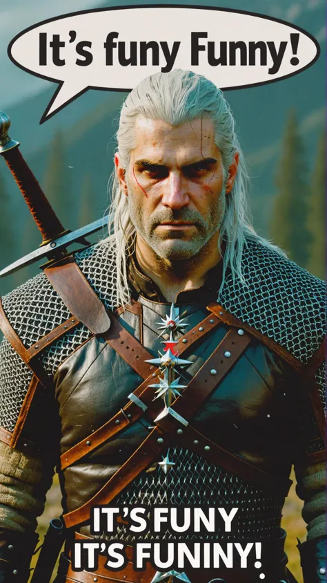 Photo of Geralt of Rivia with text bubble that says  "it's funny"