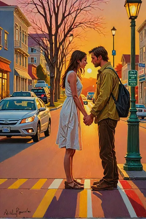 painting of a couple holding hands on a city street