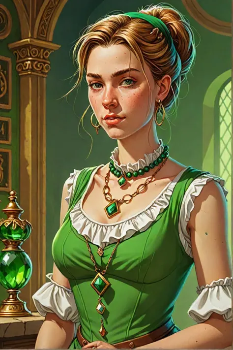 a painting of a woman in a green dress holding a green vase