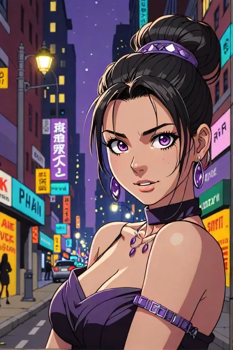 a cartoon image of a woman in a purple dress in a city