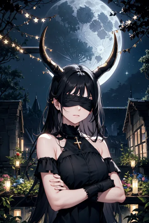 crossed arms, full moon, night, stars, black hair, blindfold, horns, portrait, bare shoulders, indoors, building, garden, trees