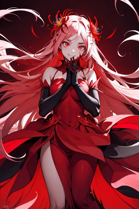 1girl, long hair, elbow gloves, solo, rating:safe, gloves, flower, very long hair, hair ornament, hair flower, looking at viewer, red eyes, smile,  glowing, standing, dated, bare shoulders, red theme, dress, limited palette, blood, glowing eyes, red background, floating, spider lily, covering mouth, eyebrows visible through hair, hands together, full body, spot color, pink eyes, interlocked fingers