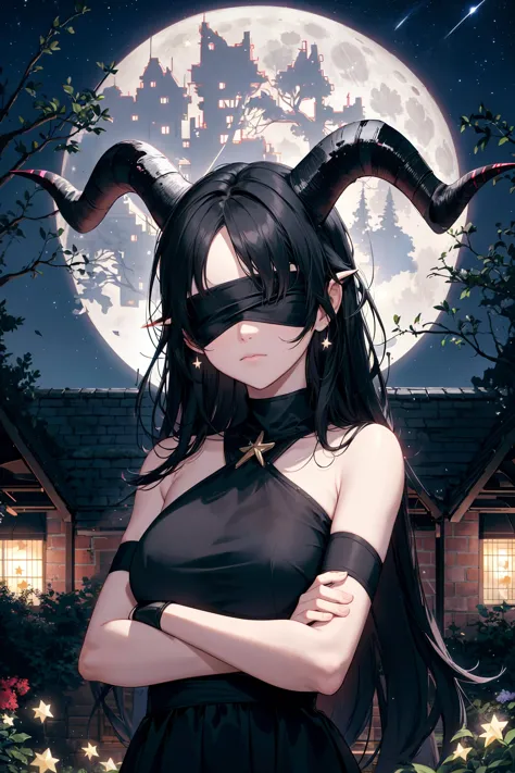 a woman with horns and a mask on stands in front of a house