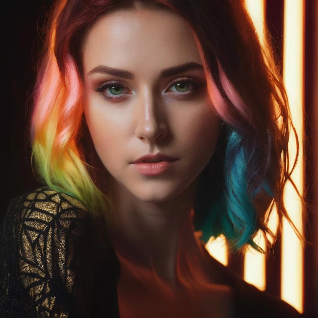 olga_alberti, realistic photo of a stunning woman, multi colored hair, comfy black sweater, in front of bright light, lit from behind, rim lighting, backlit,  bright neon light, neon sign, neon, dark background, black background, dramatic, desaturated,, ((perfect eyes, detailed eyes,realistic eyes)), ((sharp face, detailed face, realistic face, naturtal skin, realistic skin, detailed skin, pores))