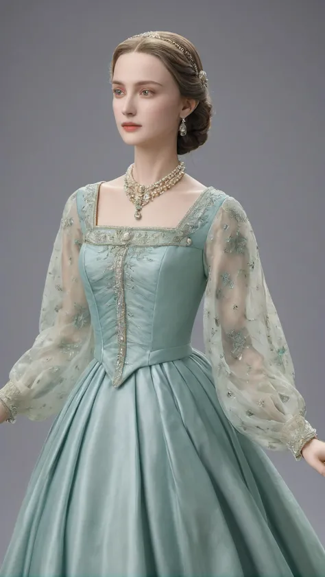 a woman in a blue dress with a tiable and pearls